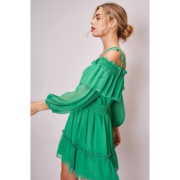 NEW Kelly Green Off Shoulder Ruffle Romantic Dress - Picture 4 of 10